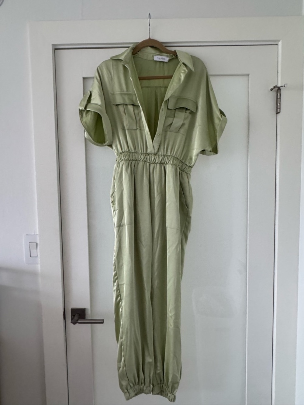 Ankle-Length Utility Jumpsuit in Light Sage Satin like finish
